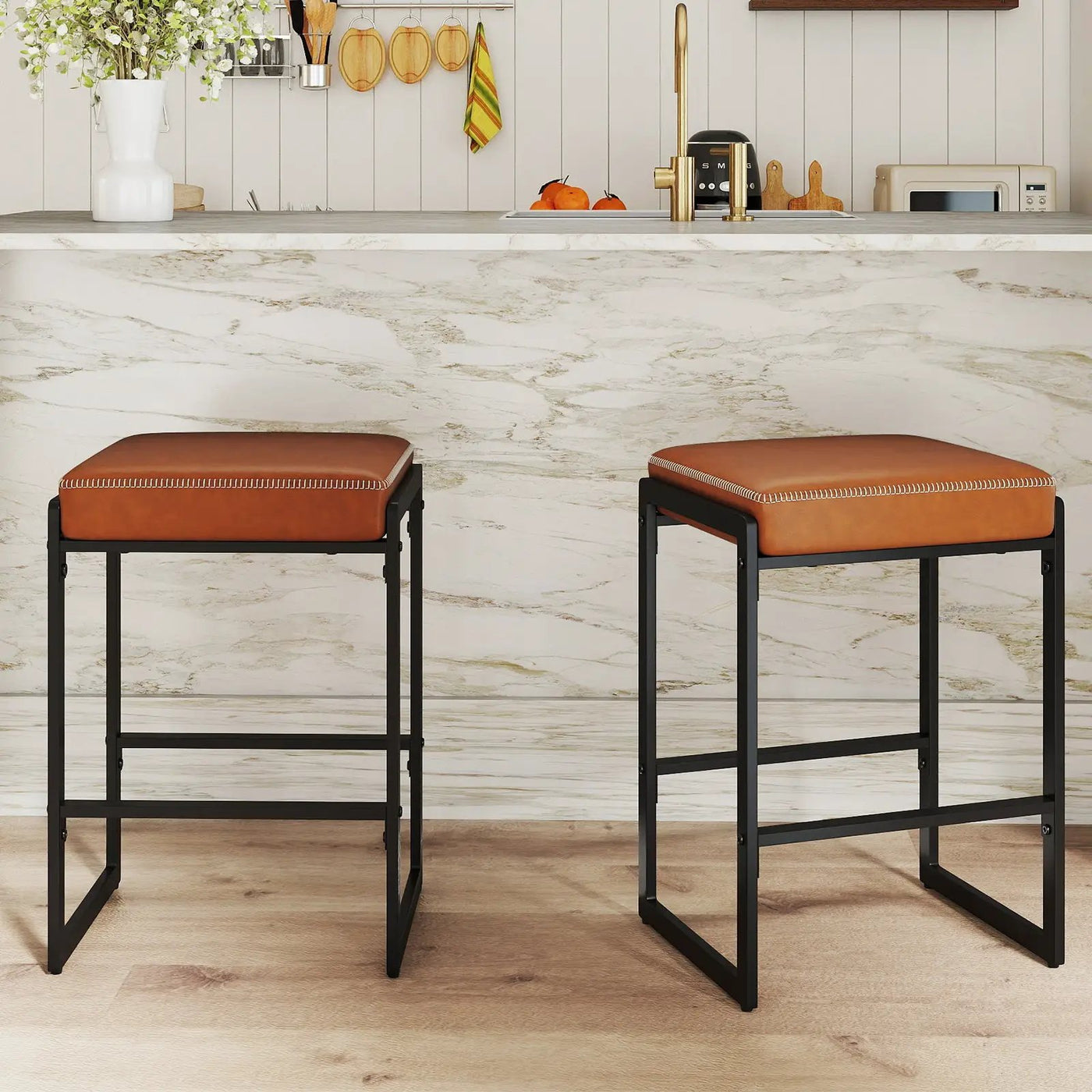 26 inch Bar Stools Set of 2 Counter Height Barstools with Faux Leather Upholstered Seat by DirectDeals