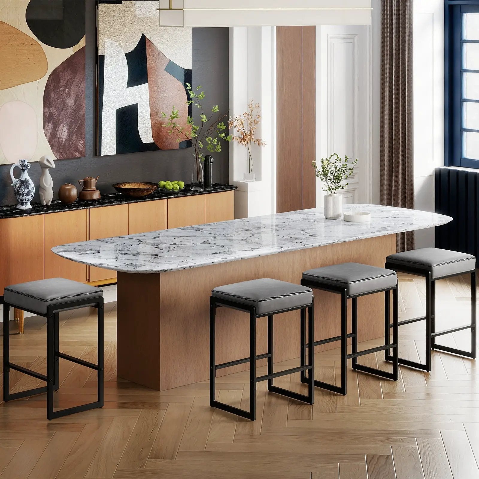 26 inch Bar Stools Set of 2 Counter Height Barstools with Faux Leather Upholstered Seat by DirectDeals