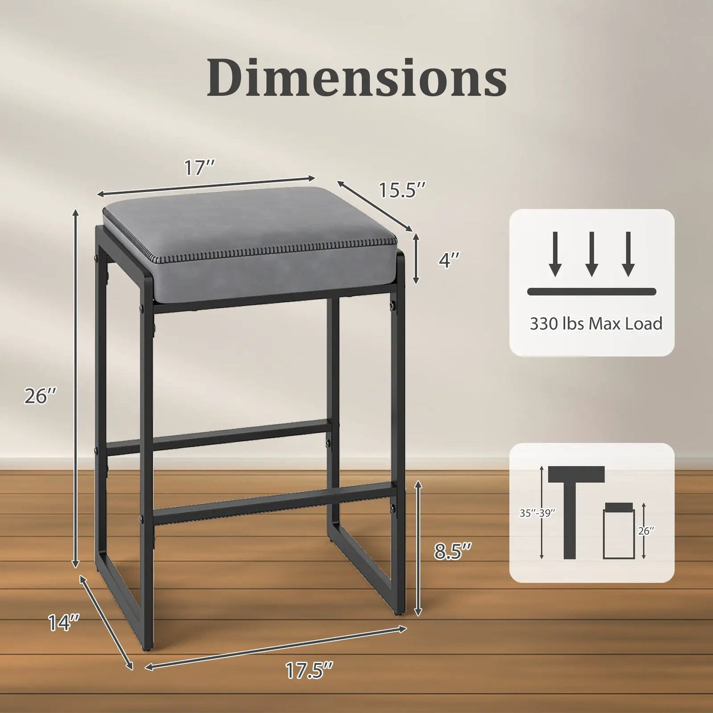 26 inch Bar Stools Set of 2 Counter Height Barstools with Faux Leather Upholstered Seat by DirectDeals