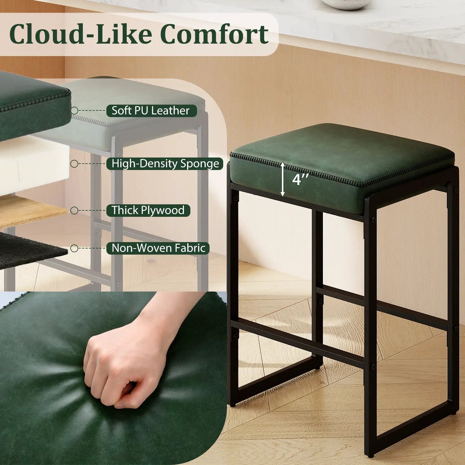 26 inch Bar Stools Set of 2 Counter Height Barstools with Faux Leather Upholstered Seat by DirectDeals