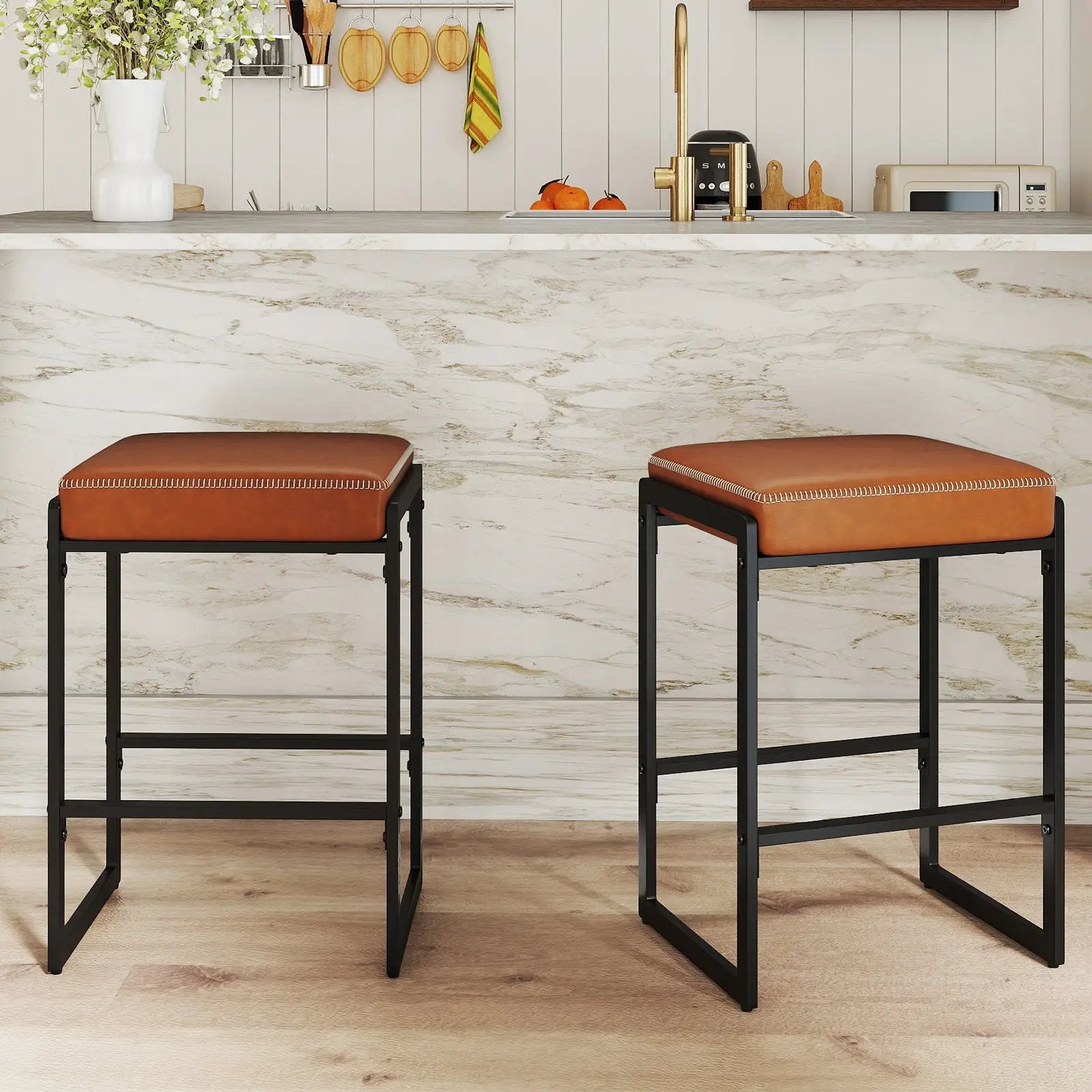 26 inch Bar Stools Set of 4 Counter Height Barstools with Faux Leather Upholstered Seat by DirectDeals