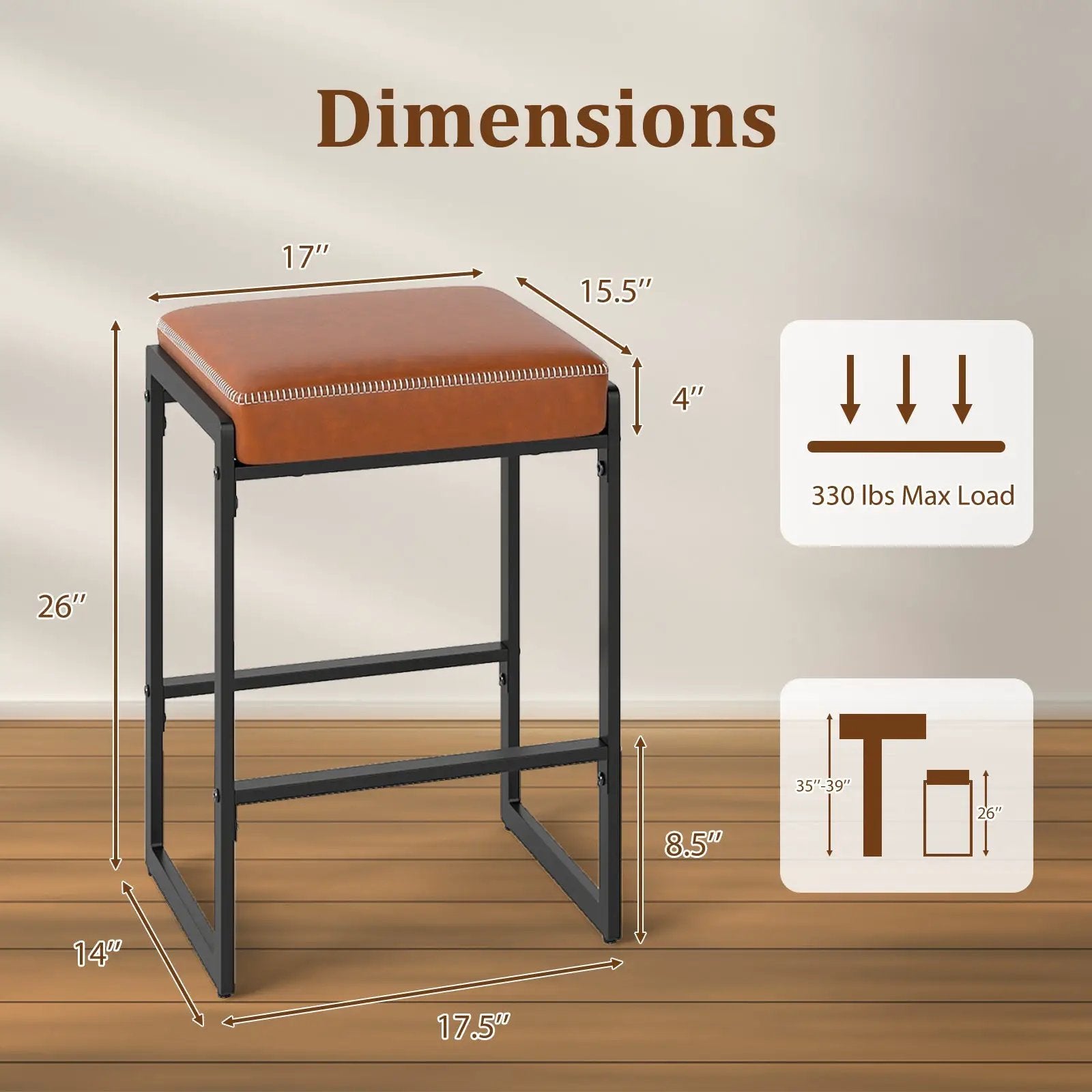 26 inch Bar Stools Set of 4 Counter Height Barstools with Faux Leather Upholstered Seat by DirectDeals