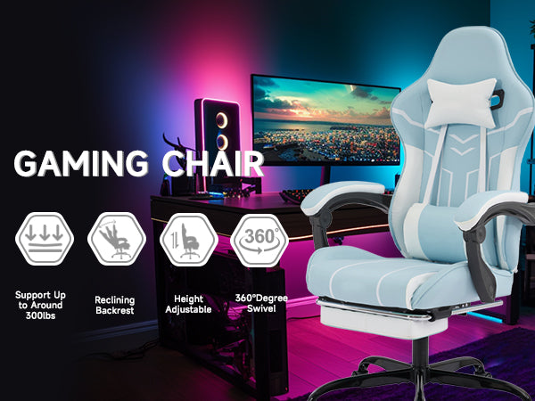 Ergonomic Gaming Chair with Footrest and Lumbar Support - Blue White, photo 5 of 10