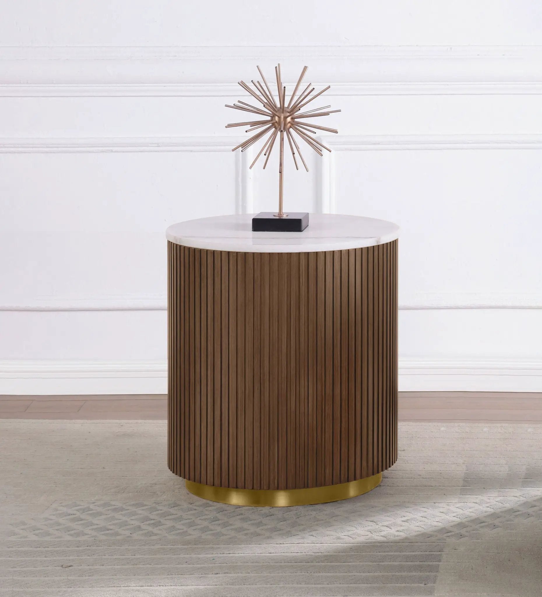 Jason Round White Marble Top Side End Table Honey Brown by Unique Piece Furniture