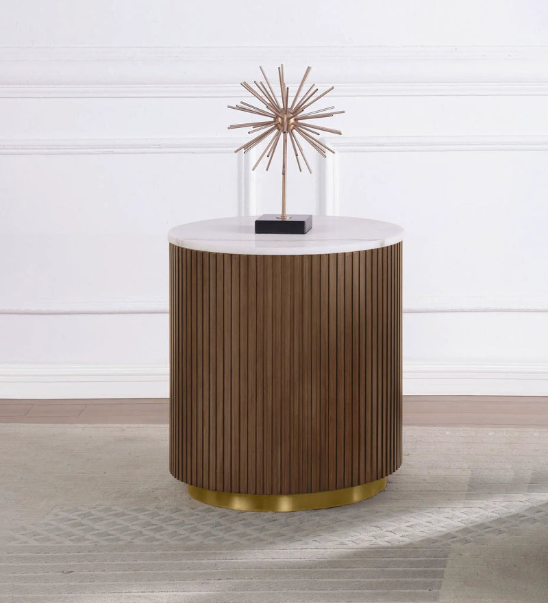 Jason Round White Marble Top Side End Table Honey Brown by Unique Piece Furniture