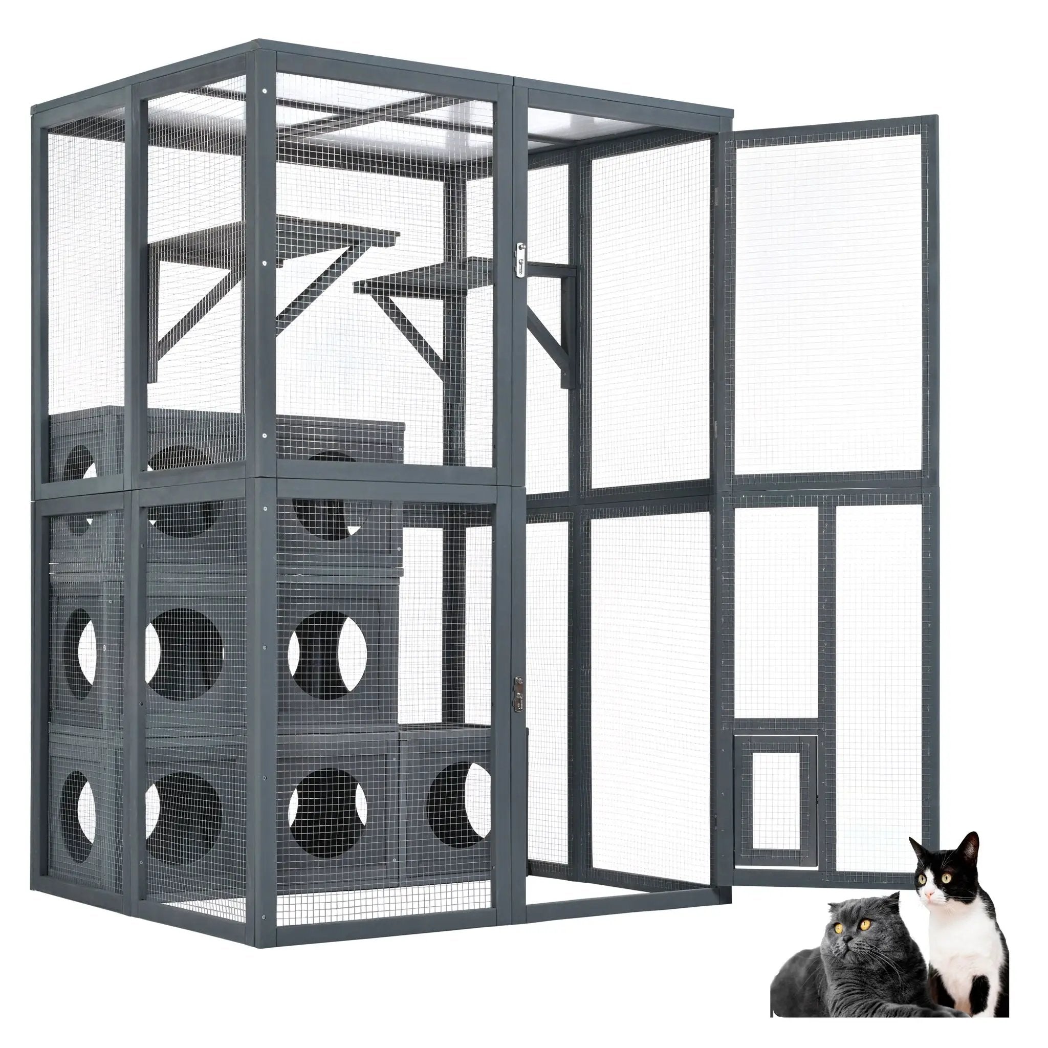 Outdoor Cat House With Shelves And Weather Protection, Removable Wood Boxes - Gray by HouseOfZazla