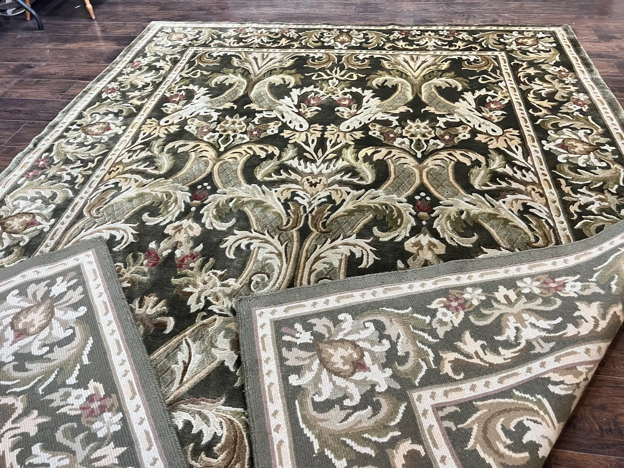 Tibetan Rug 8x10, European Design, Floral, Green, Handmade, Wool, Nepali Rug by Jewel Rugs