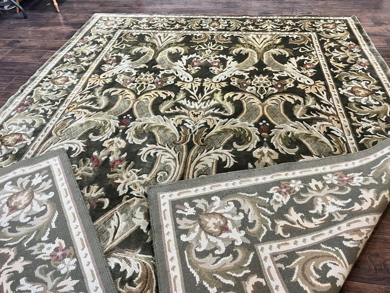 Tibetan Rug 8x10, European Design, Floral, Green, Handmade, Wool, Nepali Rug by Jewel Rugs
