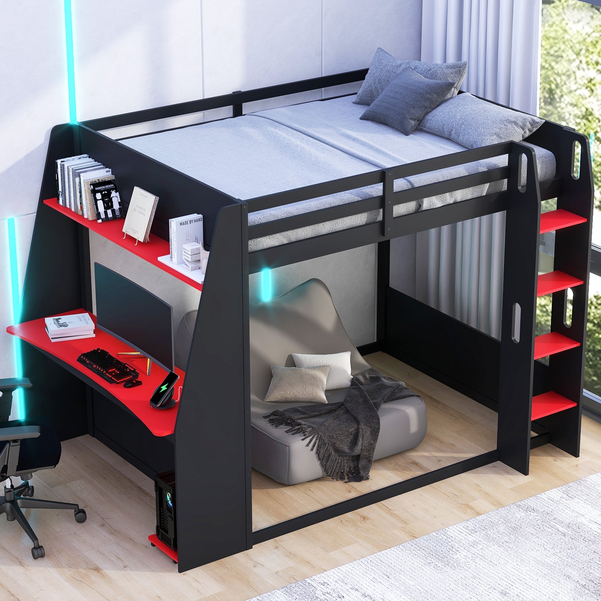 Full Size Wooden Gaming Bunk Bed with Desk, Two Storage Shelves, USB and LED Light by HouseOfZazla
