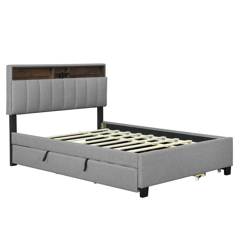 Upholstered Platform Bed With Storage Headboard, Trundle & 2 Drawers And A Set Of Sockets & USB Ports by Unique Piece Furniture