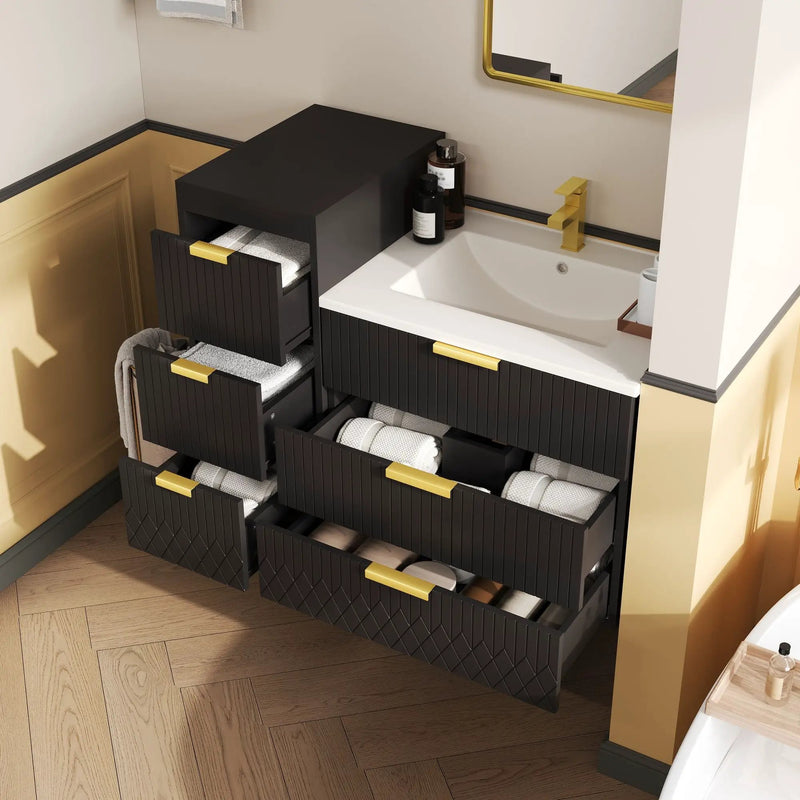 Wall Mounted Floating Cabinet With Side Cabinet Combo, Rectangular Ceramic Sink Vanity by Unique Piece Furniture