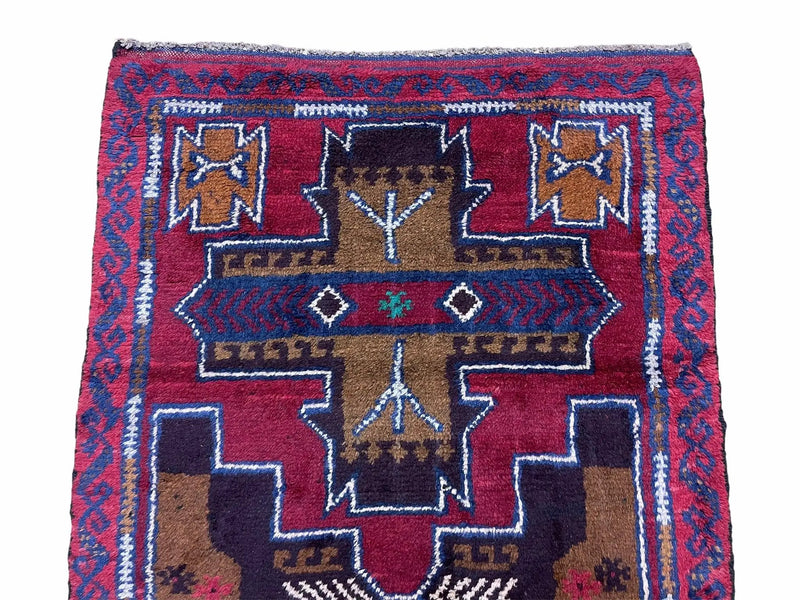 2' 10" X 4' 9" Vintage Handmade Tribal Wool Rug Balouchi Rug Afghan Rug Red Blue by Jewel Rugs