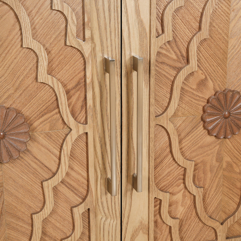 Carved Flower Door Large Storage Cabinet With Metal Handle Suitable For Living Room, Kitchen, Entryway(NATURAL WOOD), photo 9 of 10