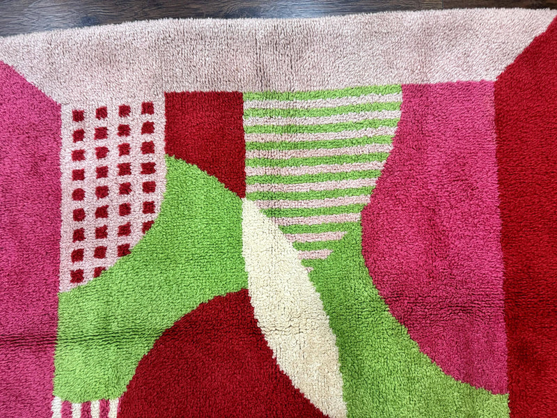 European Shag Rug 4.8 x 4.8, Modern Abstract Design, Green Pink Red, Square Shag Rug, Unique by Jewel Rugs