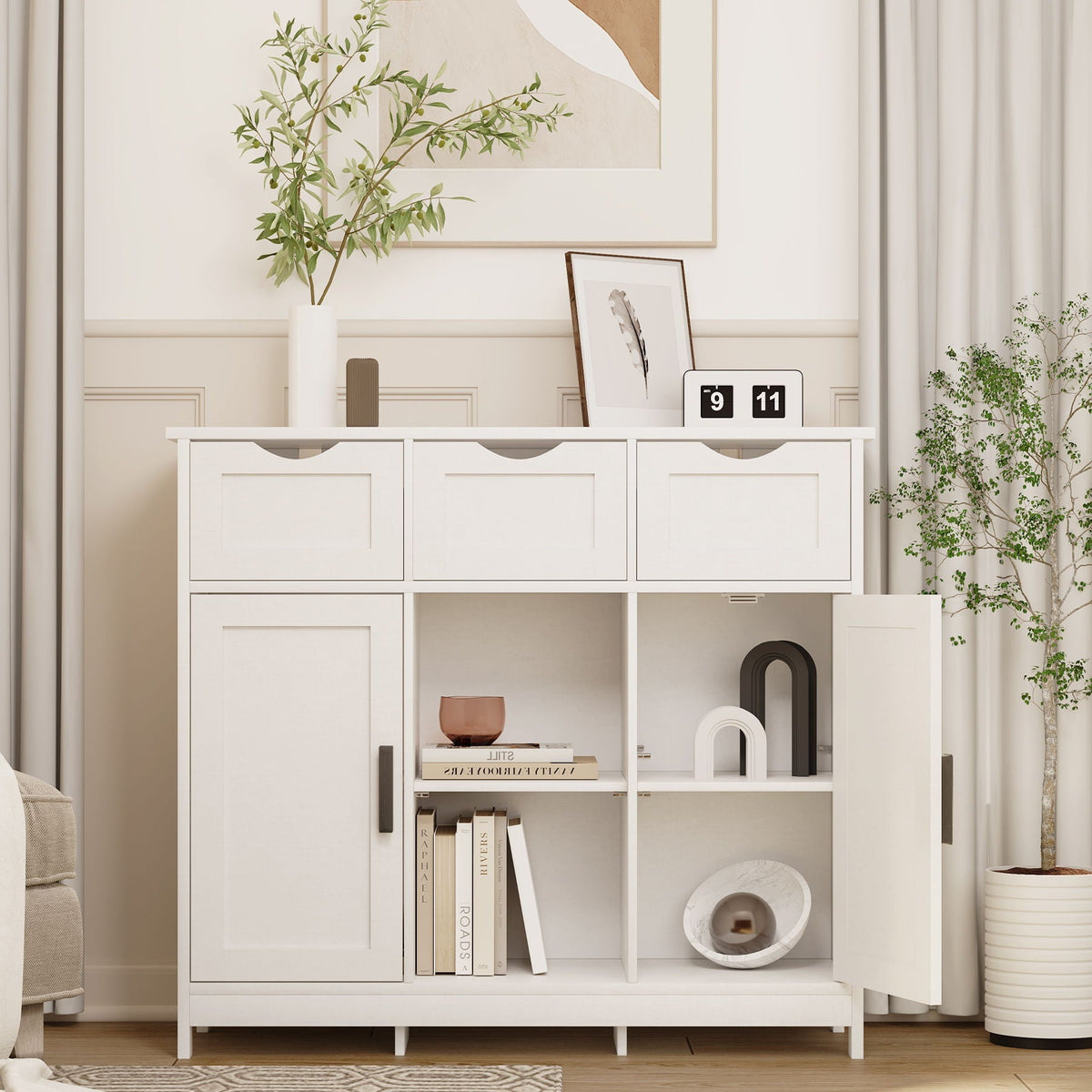 Wood Storage Sideboard with Drawers and Adjustable Shelves - White or Black, photo 4 of 8