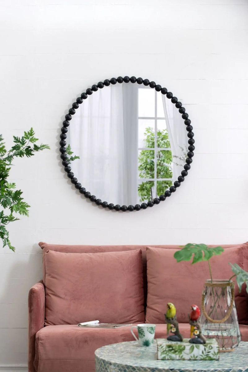 Circle Mirror With Metal Beaded Frame, Wall Mirror For Living Room Bedroom Entryway - Black by HouseOfZazla