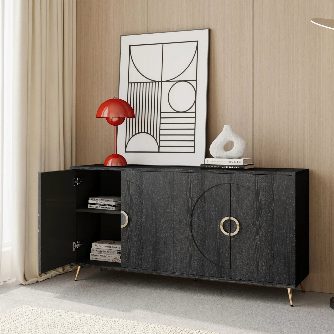 Modern Lacquered 4 Door Wooden Cabinet Sideboard Buffet Server Cabinet Storage Cabinet, For Living Room, Entryway, Hallway, Office, Kitchen And Dining Room by HouseOfZazla