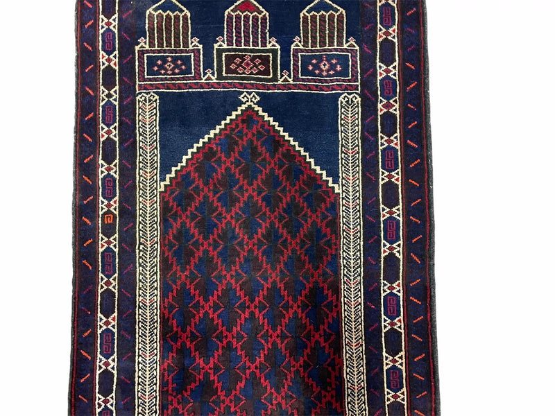 3x5 Vintage Handmade Tribal Wool Rug Balouchi Prayer Rug Afghan Rug Red Blue Wow by Jewel Rugs