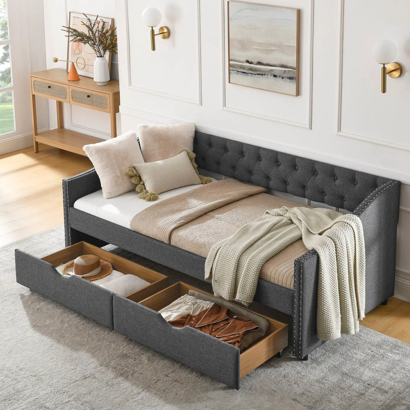 Upholstered Tufted Daybed With 2 Drawers, Waved Arms by HouseOfZazla