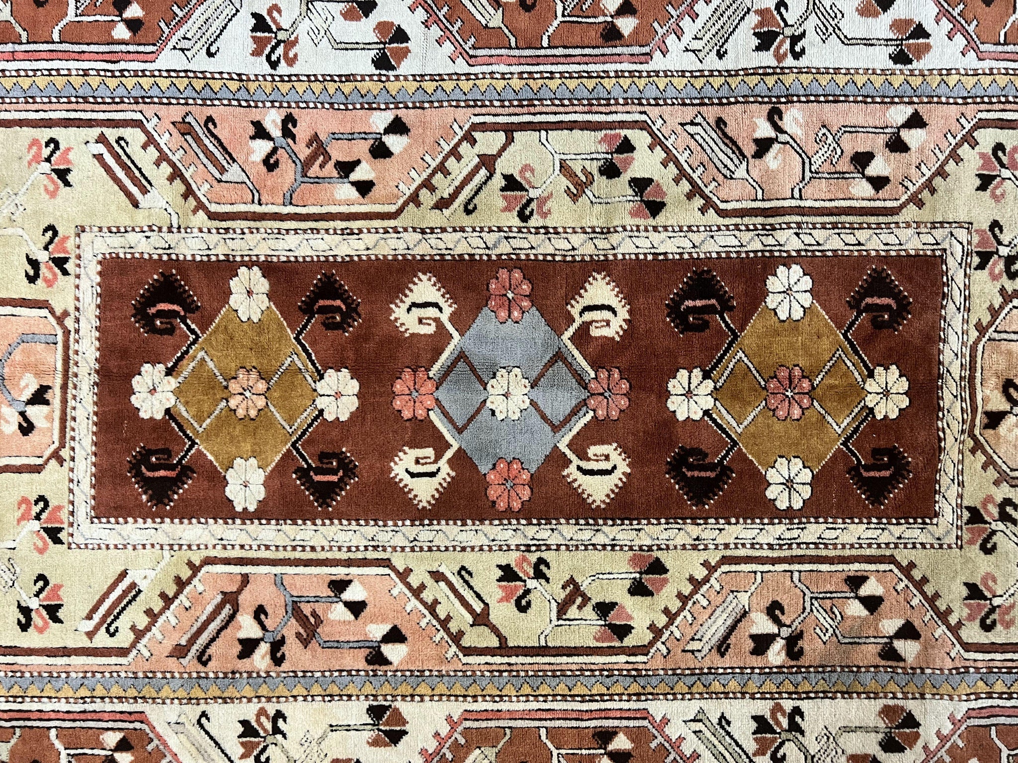 Turkish Rug 7x10, Wool Hand Knotted Vintage Carpet, Geometric Kazak Pattern by Jewel Rugs