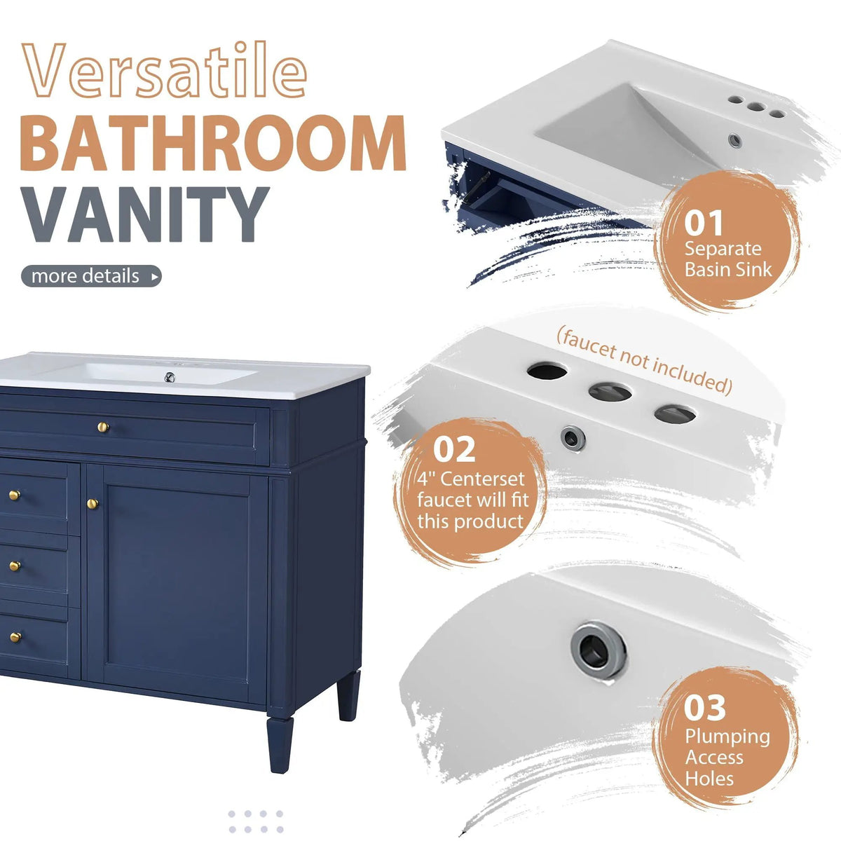 Bathroom Vanity With Mirror Cabinet, Single Sink With 2 Soft Closing Doors And 4 Drawers, photo 10 of 35