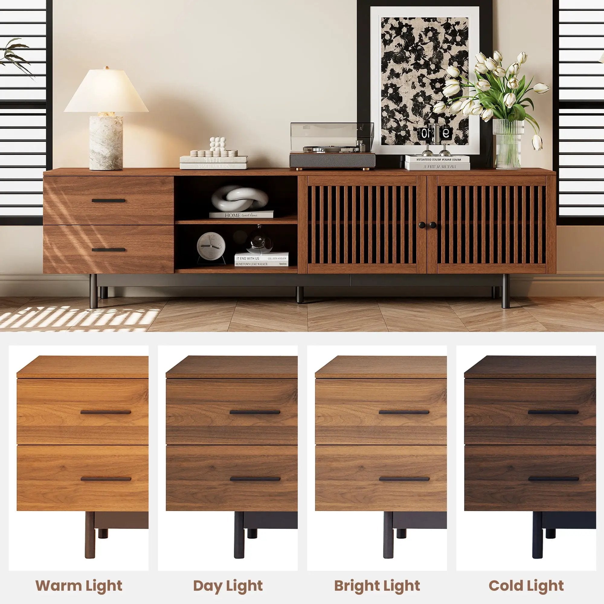 78" TV Stand For TVs Up To 85" Entertainment Center With Deep Drawers & Cable Management, Soft Closing Hinges - Walnut by HouseOfZazla