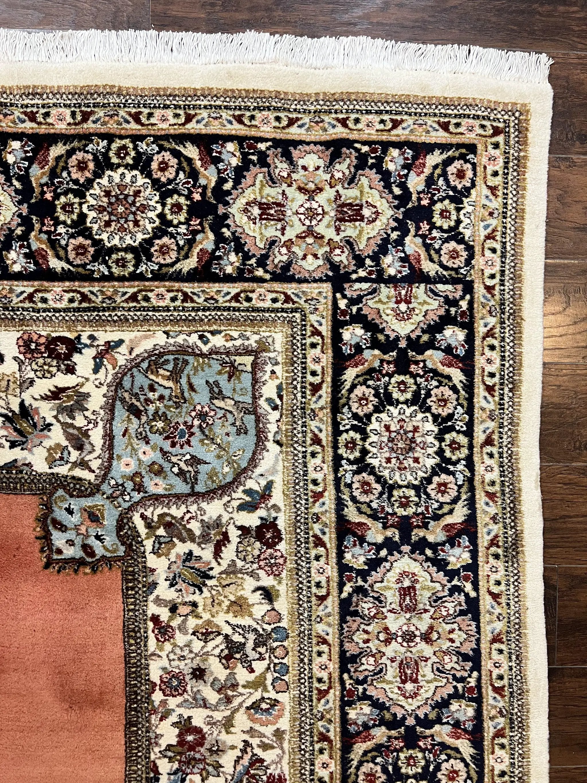 Persian Tabriz Rug 10x13, Wool Hand Knotted Vintage Carpet, Salmon Red & Ivory, Semi Open Field, Birds & Animal Motifs, Large Rug by Jewel Rugs