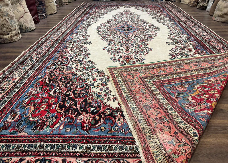 Palace Size Persian Rug 10 x 21 ft, Antique Hamadan Bibikabad Carpet, Handmade Antique Wool Oversized Rug, Ivory, Semi Open Field by Jewel Rugs