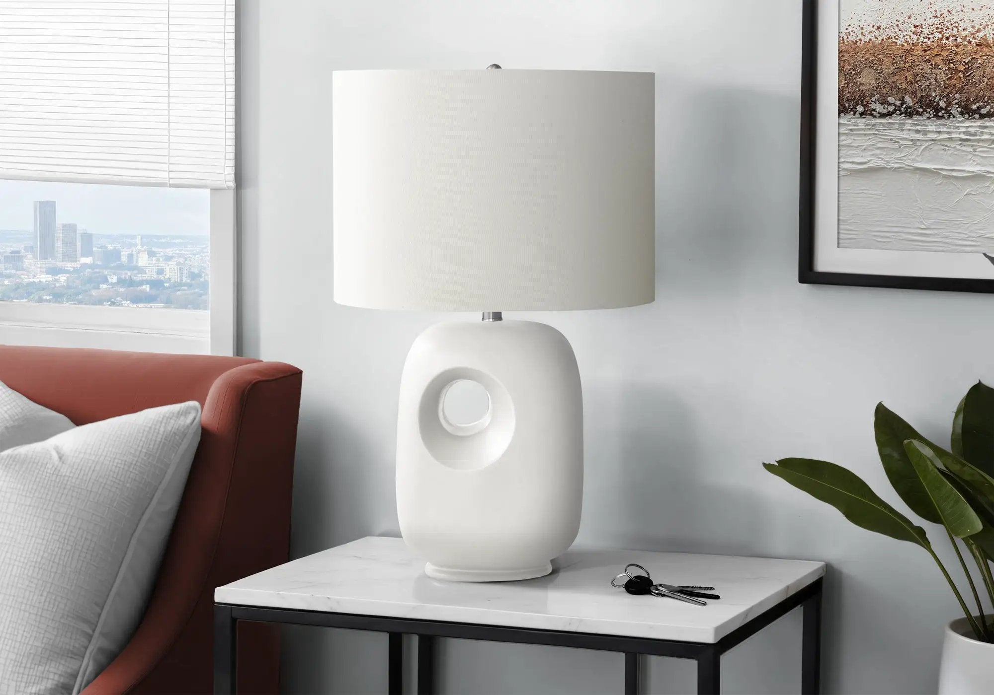 Contemporary 26"H White Ceramic Table Lamp with Ivory Shade by HouseOfZazla