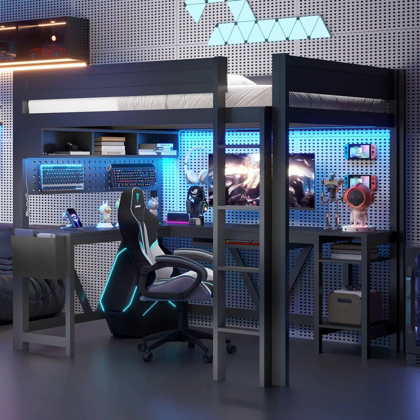 Gaming Loft Bed With Desk, Storage Shelves, LED And Charging Station by HouseOfZazla