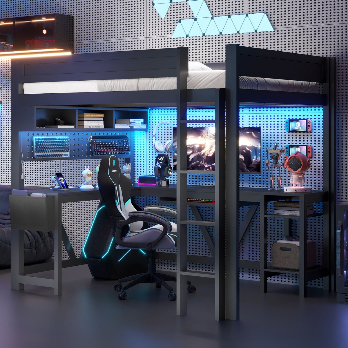 Gaming Loft Bed With Desk, Storage Shelves, LED and Charging Station - Full, photo 4 of 26