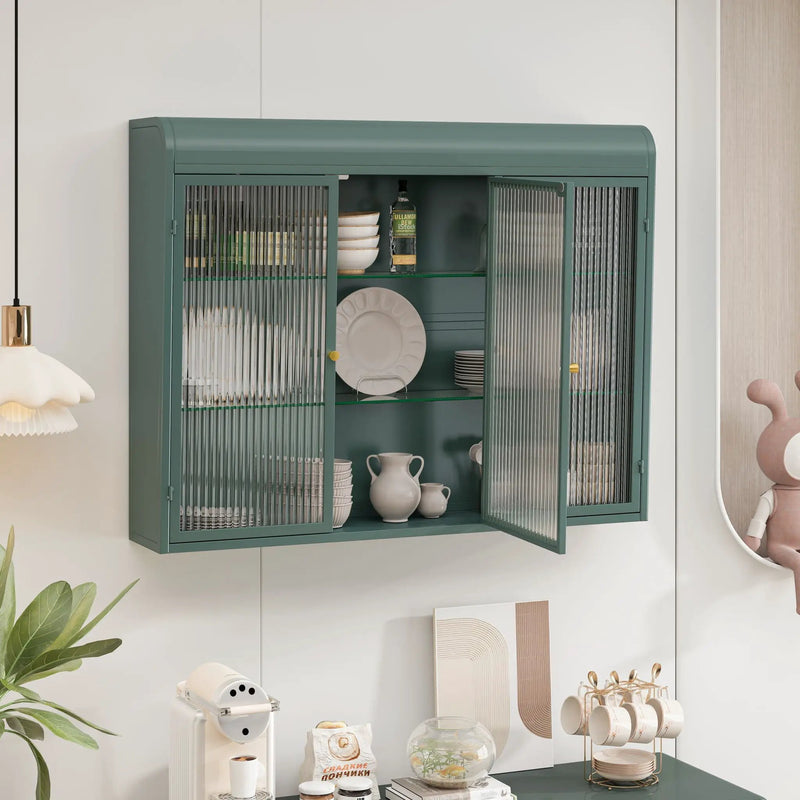 Arched Wall Mounted Cabinet, 3 Door Storage For Kitchen - Dark Green by Unique Piece Furniture