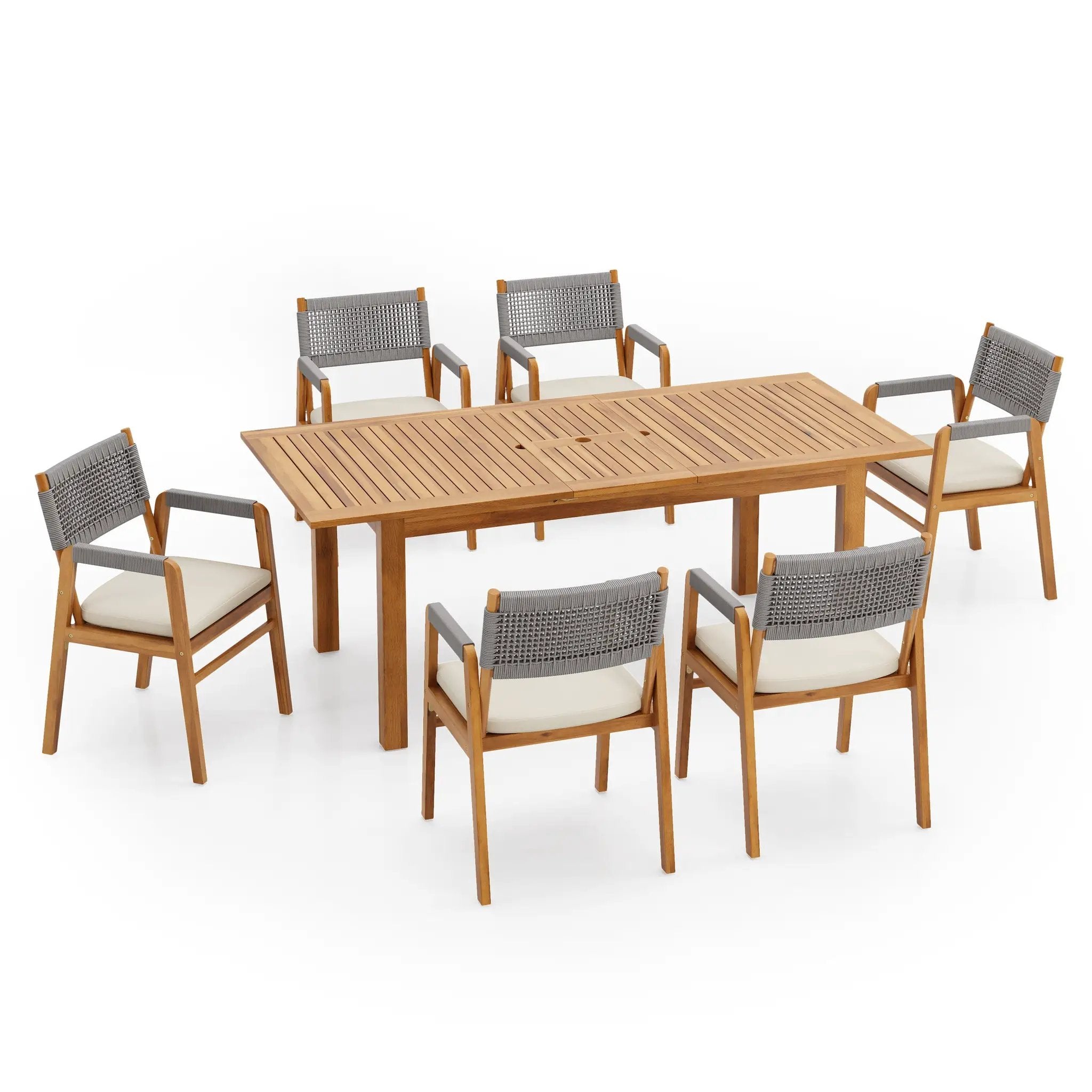 Outdoor 7 Pieces Rustic Patio Acacia Expandable Dining Set with Cushions by HouseOfZazla