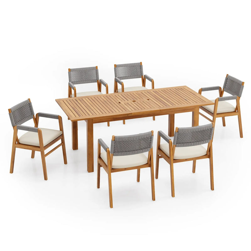 Outdoor 7 Pieces Rustic Patio Acacia Expandable Dining Set with Cushions by HouseOfZazla