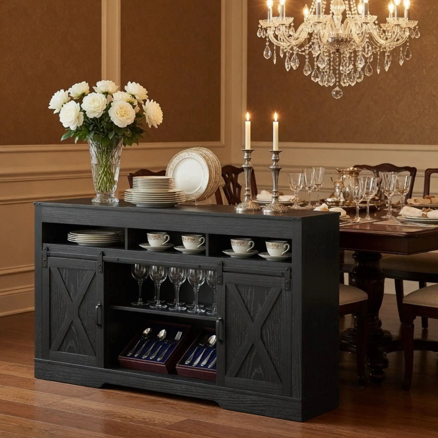 Farmhouse TV Stand With Sliding Barn Doors & Adjustable Storage by HouseOfZazla