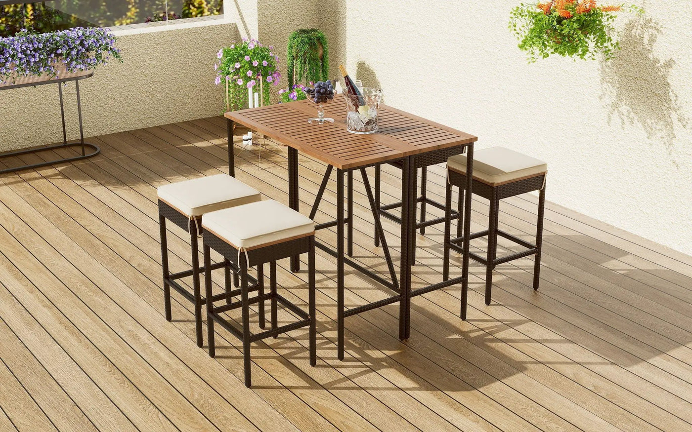 Outdoor Acacia Wood Bar Height Table And Eight Stools With Cushions by Unique Piece Furniture