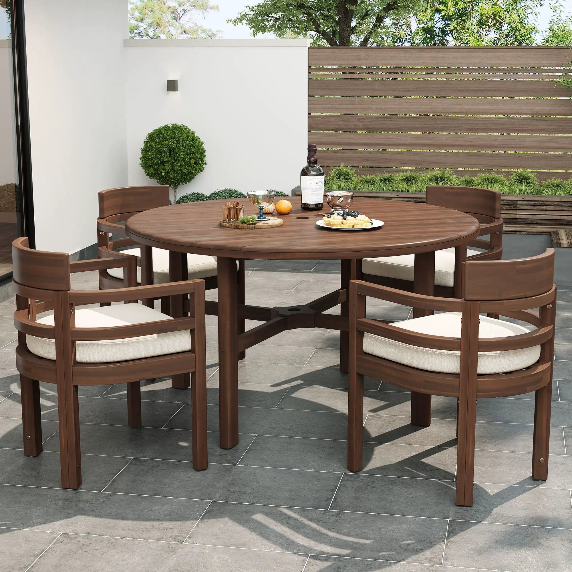 5 Piece Round Patio Table & Cushioned Armrest Chairs, Outdoor Dining Set With Umbrella Hole by HouseOfZazla