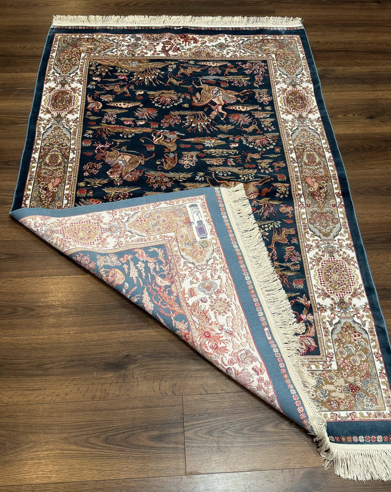 Turkish Silk Hunting Design Rug 4x6, Dark Steel Blue & Ivory, Bamboo Silk, New by Jewel Rugs