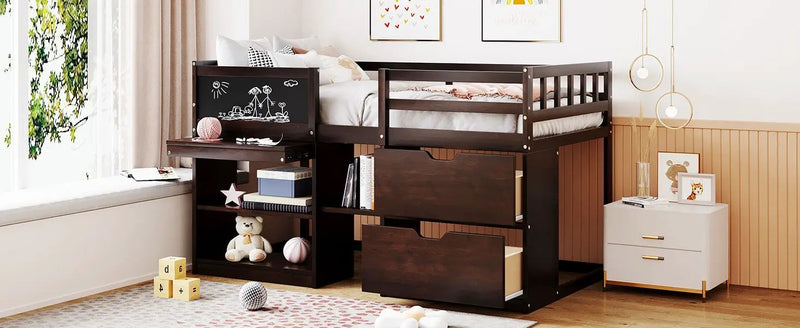 Low Loft Bed With Rolling Desk, Shelf And Drawers by HouseOfZazla