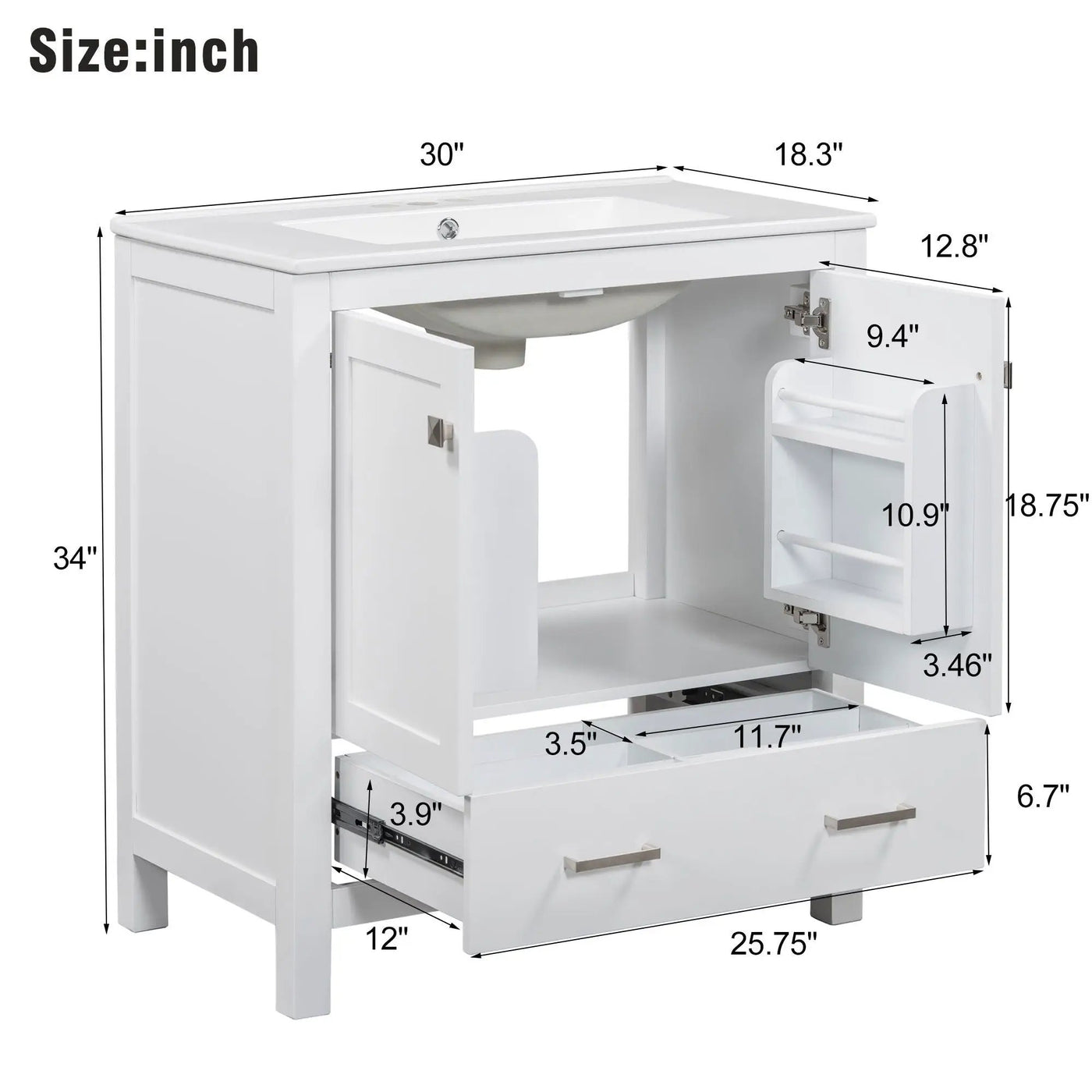 Bathroom Vanity With Single Sink, Combo Cabinet Undermount Sink, Bathroom Storage Cabinet With Two Doors And A Drawer, Soft Closing, Multifunctional Storage, Solid Wood Frame by Unique Piece Furniture
