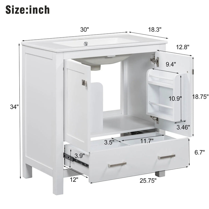 Bathroom Vanity With Single Sink, Combo Cabinet Undermount Sink, Bathroom Storage Cabinet With Two Doors And A Drawer, Soft Closing, Multifunctional Storage, Solid Wood Frame by Unique Piece Furniture