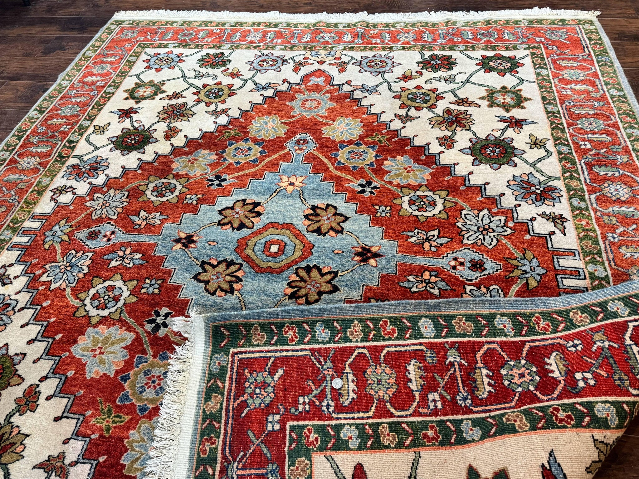 Indo Persian Heriz Rug 7x9, Geometric Pattern, Cream & Light Red, Handmade Vintage Wool Carpet by Jewel Rugs