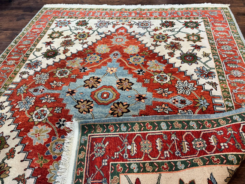 Indo Persian Heriz Rug 7x9, Geometric Pattern, Cream & Light Red, Handmade Vintage Wool Carpet by Jewel Rugs