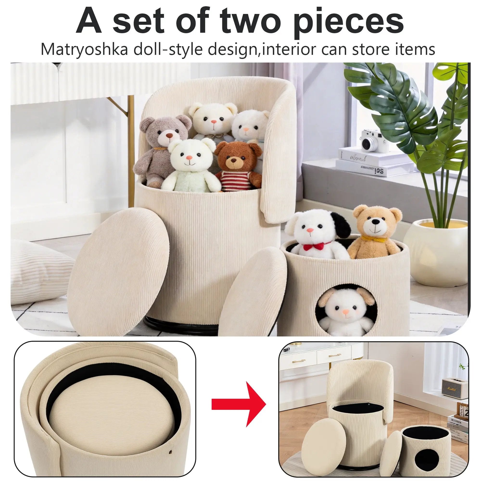 Barrel Chair, Built In Storage, 360° Swivel - Beige by HouseOfZazla