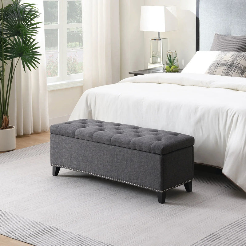 Button-Tufted Storage Ottoman With Safety Close Hinge