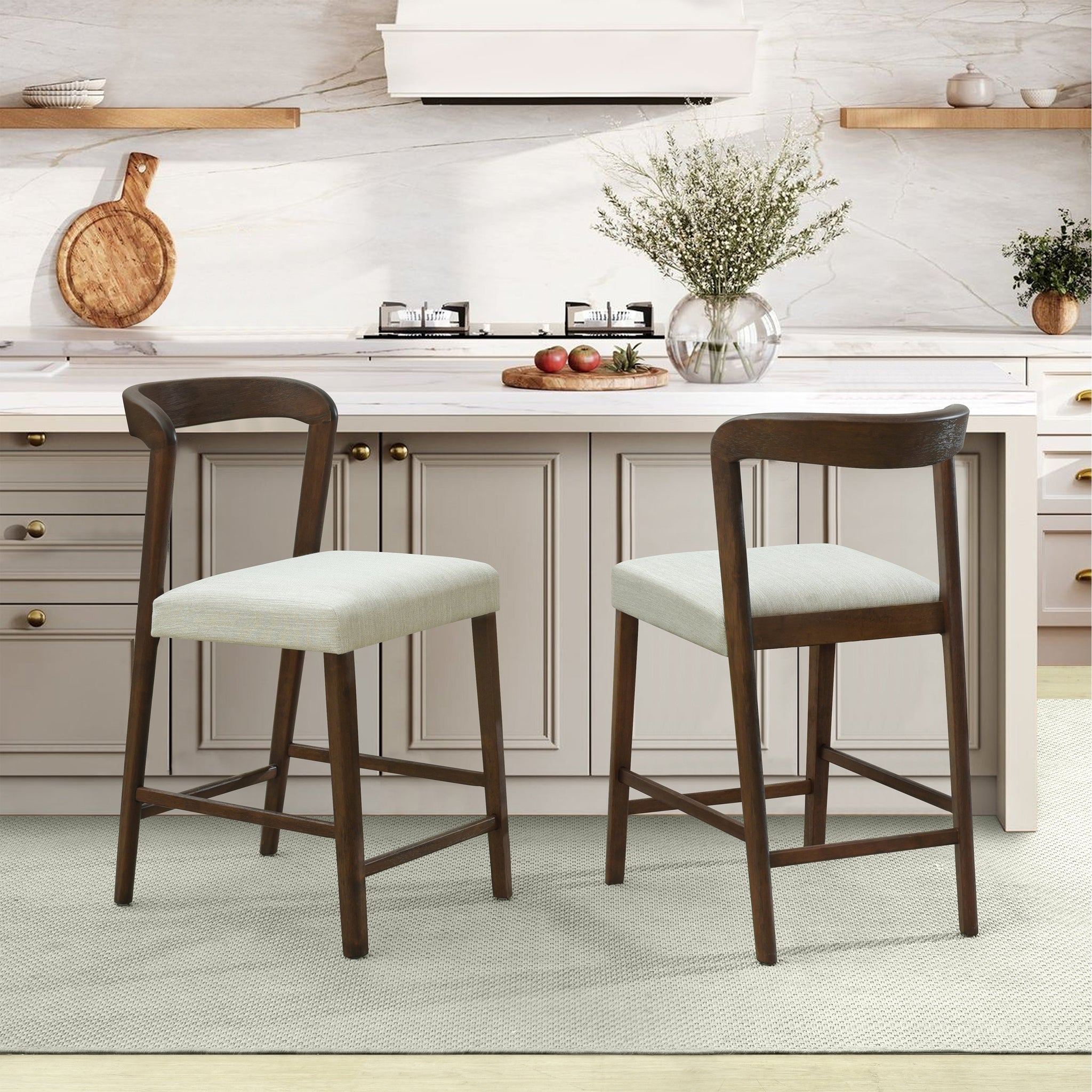 Solid Rubber Wood Counter Stools (Walnut + Beige) Set of 2 by HouseOfZazla