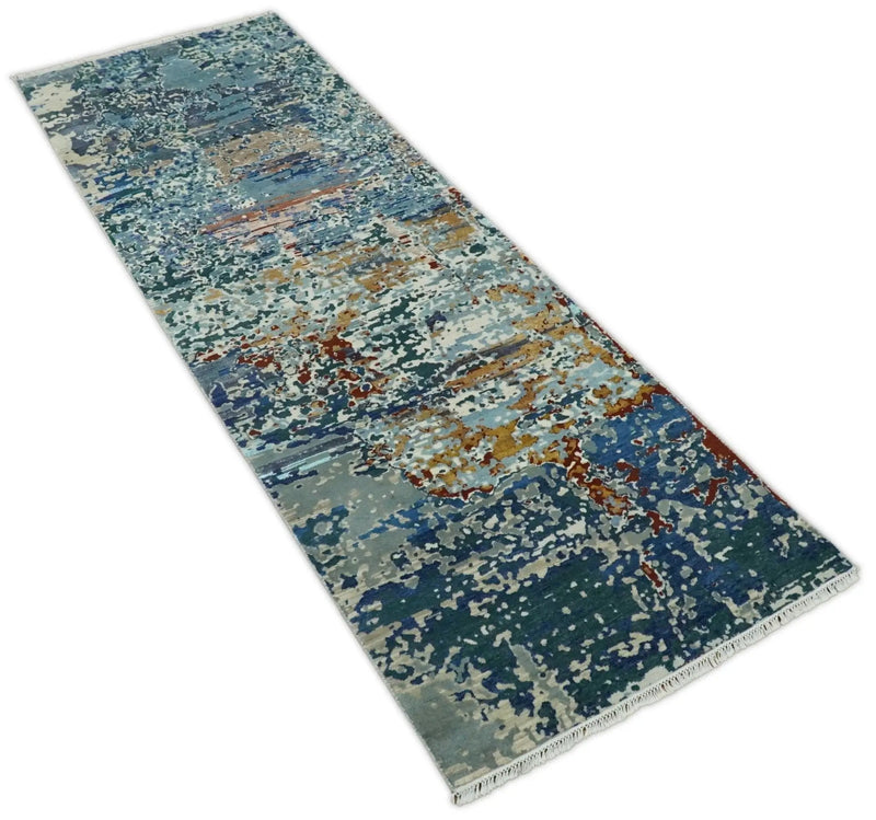 2.6x10 Fine Hand Knotted Blue Modern Abstract Wool and Silk Runner Area Rug | AGR12 by The Rug Decor
