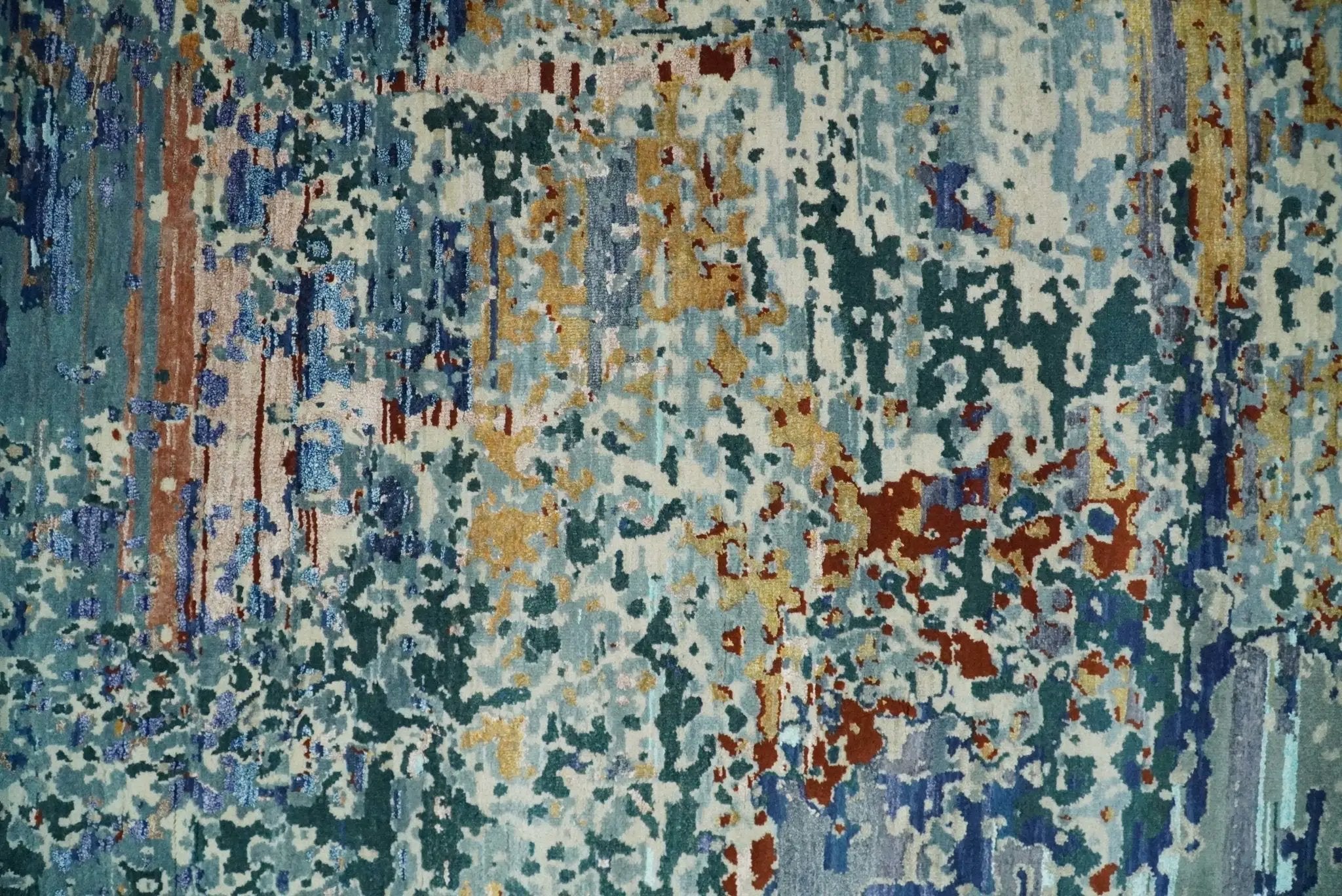 2.6x10 Fine Hand Knotted Blue Modern Abstract Wool and Silk Runner Area Rug | AGR12 by The Rug Decor