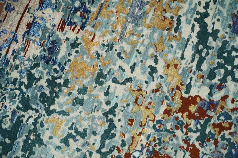 2.6x10 Fine Hand Knotted Blue Modern Abstract Wool and Silk Runner Area Rug | AGR12 by The Rug Decor