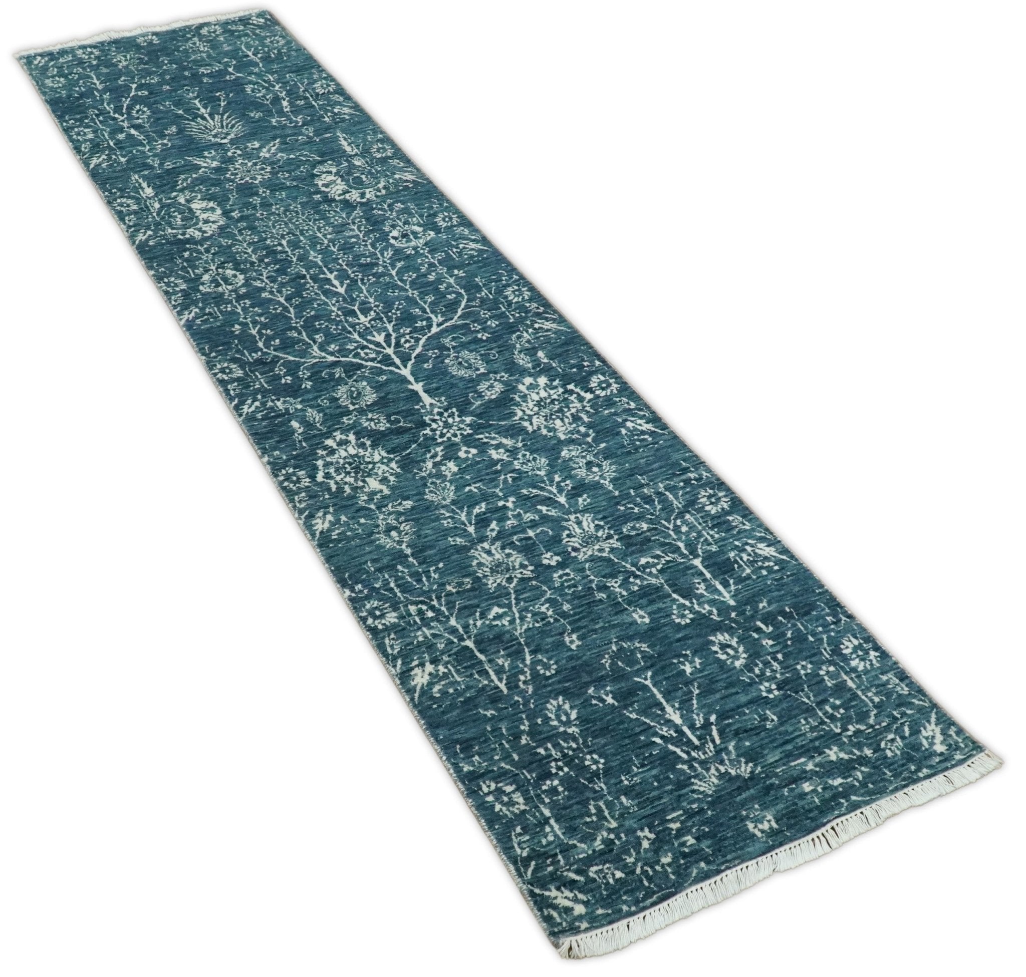 2.6x10 Fine Hand Knotted White and Blue Traditional Persian Style Antique Wool Rug by The Rug Decor